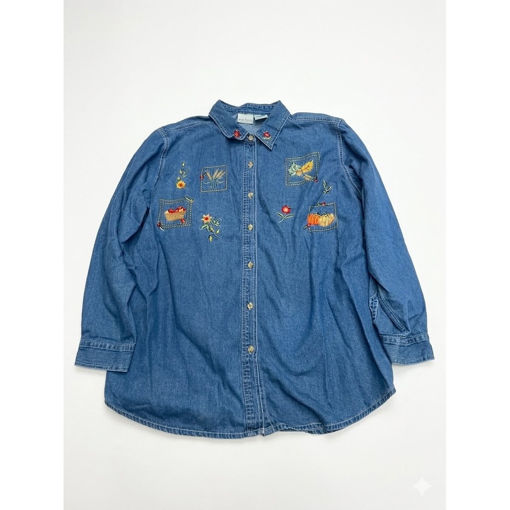 Bobbie Brooks Denim Shirt Women 22W/24W Blue Embroidered Fall Harvest Cotton